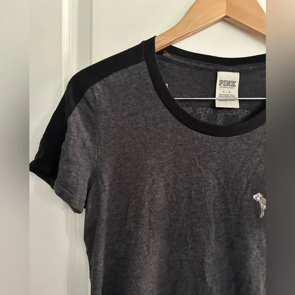 PINK Victoria Secrets Grey/Blacj with Sequence Tshirt Size L - Picture 2 of 9